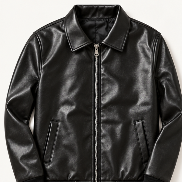 Black leather-look bomber jacket front view