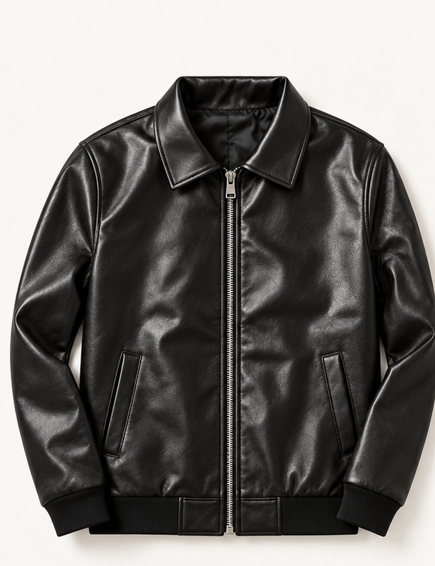 Black leather-look bomber jacket front view