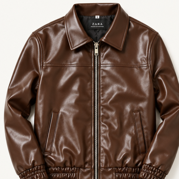 Front view of a brown leather-look bomber jacket with a pointed collar, front zipper, chest seam, angled pockets, and elasticated cuffs and hem.