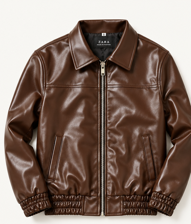 Front view of a brown leather-look bomber jacket with a pointed collar, front zipper, chest seam, angled pockets, and elasticated cuffs and hem.