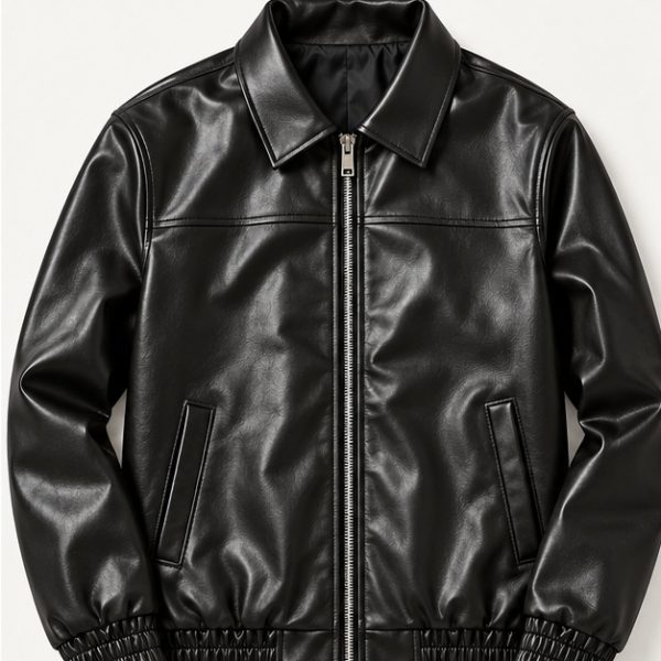Black leather-look bomber jacket with gathered cuffs and hem front view