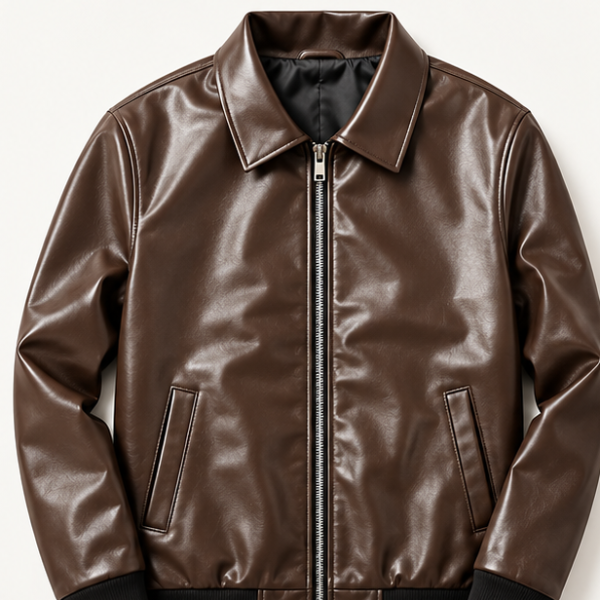 Front view of a brown leather-look jacket with a front zipper, pointed collar, and black ribbed cuffs and hem
