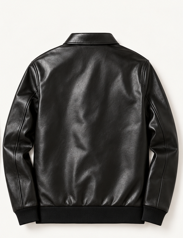 Black Leather-Look Bomber Jacket - Image 2