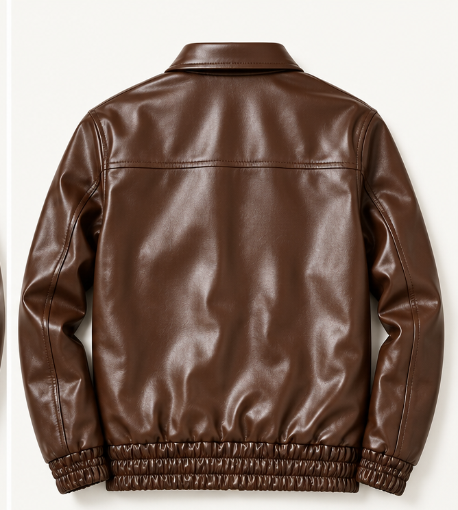 Brown Ruched-Hem Leather-Look Bomber Jacket - Image 2