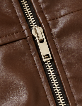 Brown Ruched-Hem Leather-Look Bomber Jacket - Image 4
