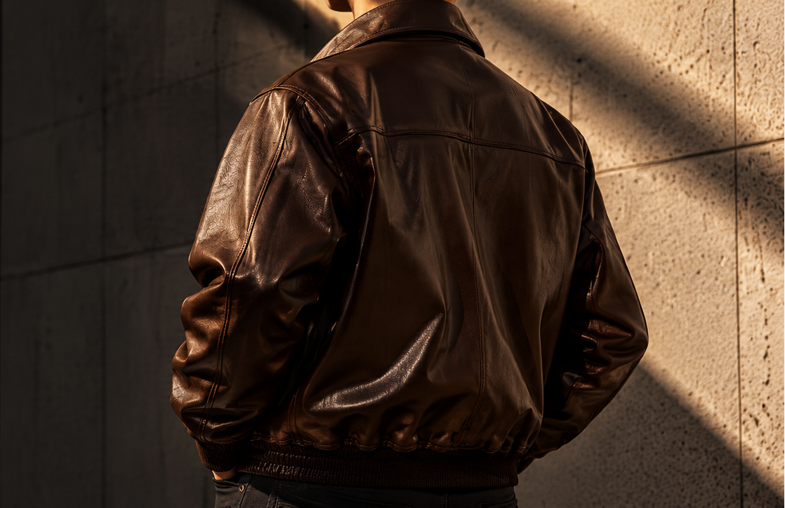 Faceless model wearing a brown jacket in an outdoor urban setting